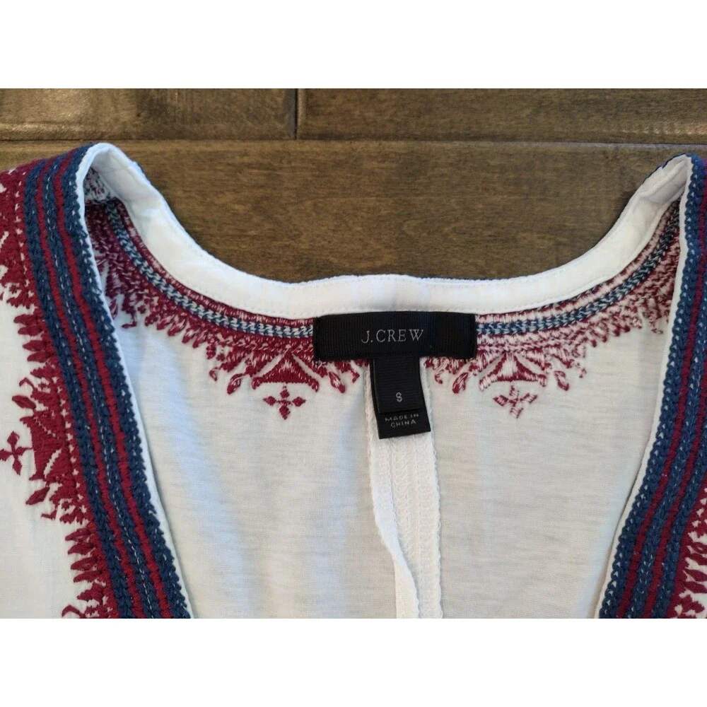 J.CREW Women's white Boho Peasant embroidered folk stitch short-sleeve Blouse S